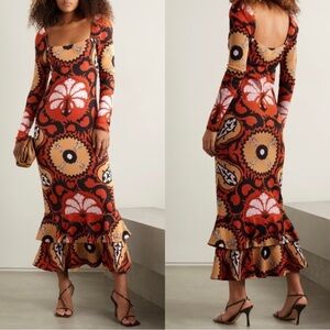 Johanna Ortiz Artful Dream Square Neck Ruffle Tiered Knit Midi Dress Large NEW